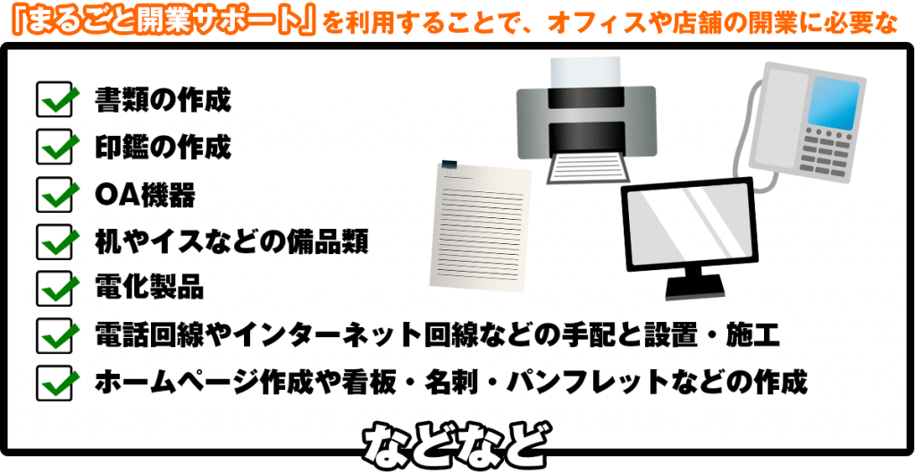 「まるごと開業サポート」を利用することで、オフィスや店舗の開業に必要な書類の作成、印鑑の作成、OA機器、机やイスなどの備品類、電化製品、電話回線やインターネット回線などの手配と設置・施工、ホームページ作成や看板・名刺・パンフレットなどの作成など