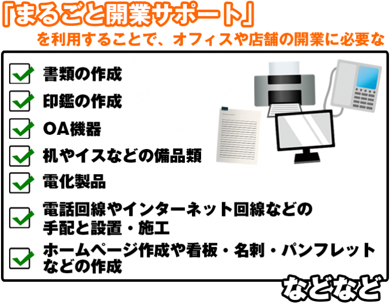 「まるごと開業サポート」を利用することで、オフィスや店舗の開業に必要な書類の作成、印鑑の作成、OA機器、机やイスなどの備品類、電化製品、電話回線やインターネット回線などの手配と設置・施工、ホームページ作成や看板・名刺・パンフレットなどの作成など